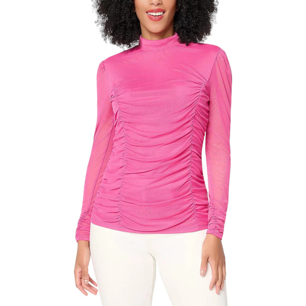Mally Roncal Women's Illusion Ruched Mock Neck Top Fuchsia - Regular